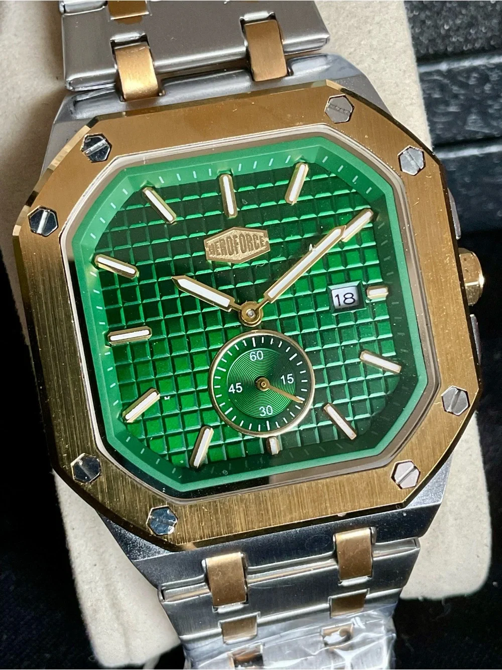 NIB Green and Gold Octagonal Square S/S Heroforce Watch Waffle Dial + Tool